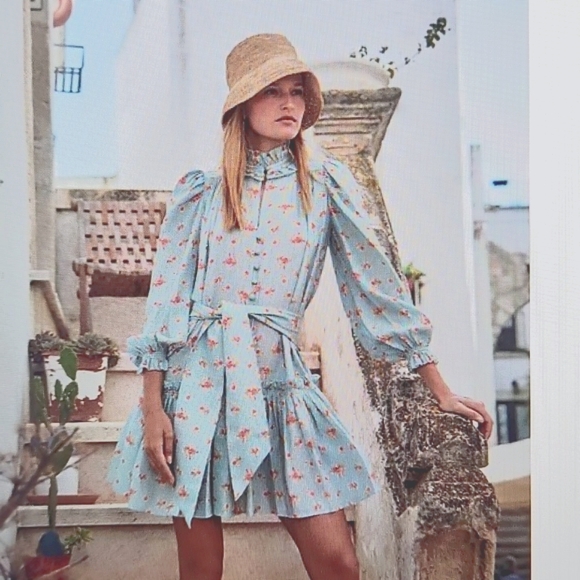 NWT Hunter Bell Blakely Dress Blue Ikat floral print ruffle dress XS - Picture 1 of 10